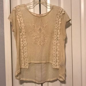 EUC Crochet Lace SS Hi Lo Top, Sz M